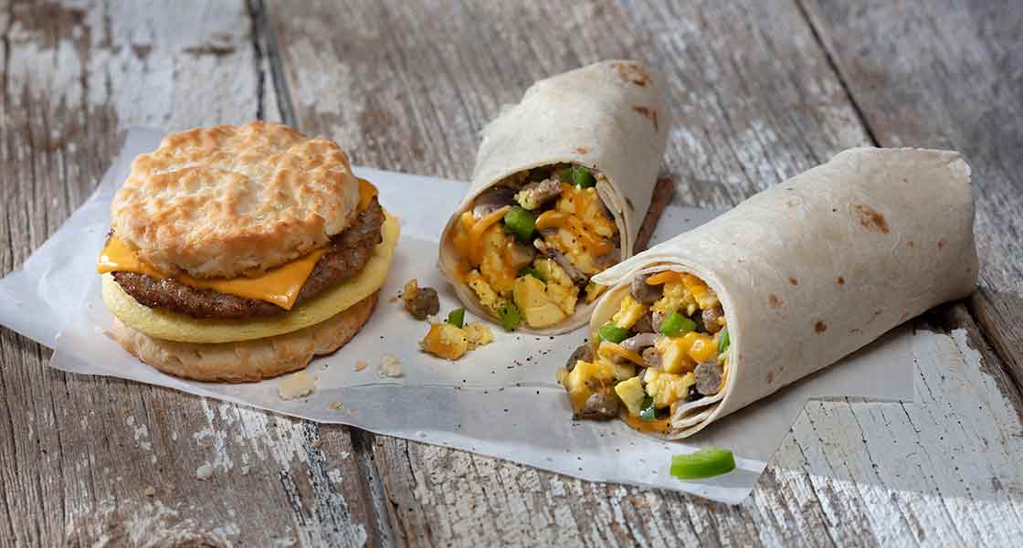 Breakfast biscuit and burrito